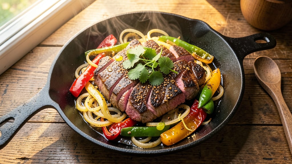 Mexican Pork Fajitas Recipe: Sizzling Skirt Steak with Charred Peppers and Onions