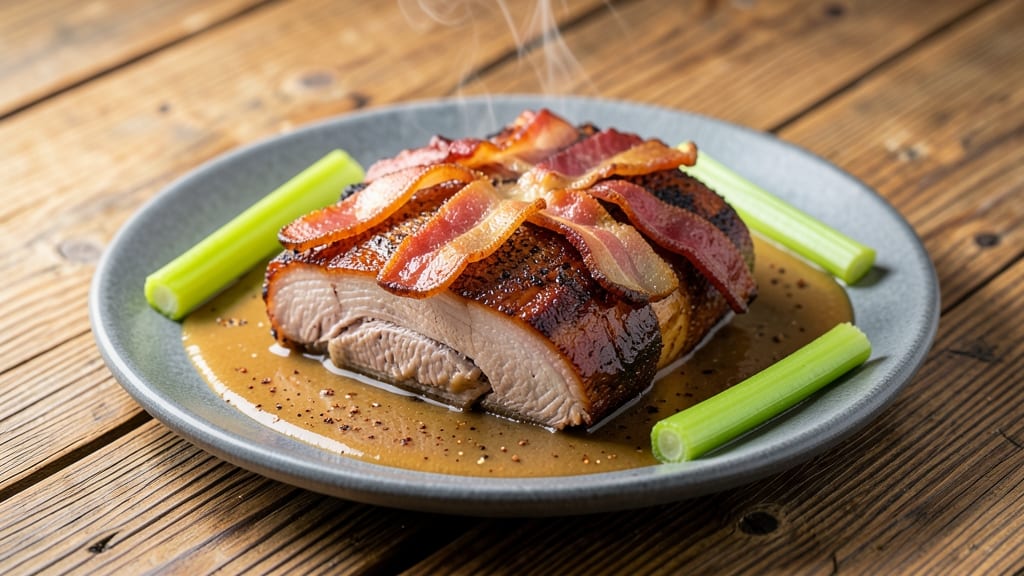Mississippi Pork Loin Crock Pot Recipe: Celery Crown Crunch Over Smoky Bacon Gravy