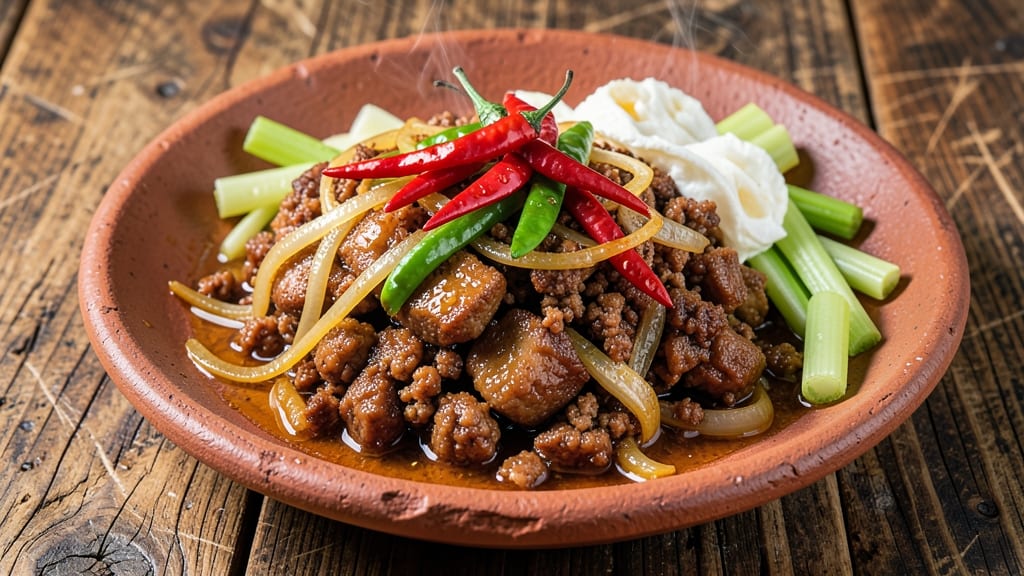 Minced Pork Sisig Recipe: Crispy Fried Egg Topped With Celery Crown Crunch