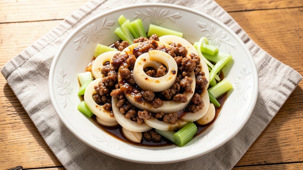 Minced Pork and Lotus Root Recipe: Crispy Celery Crowns Over Silky Stir-Fry