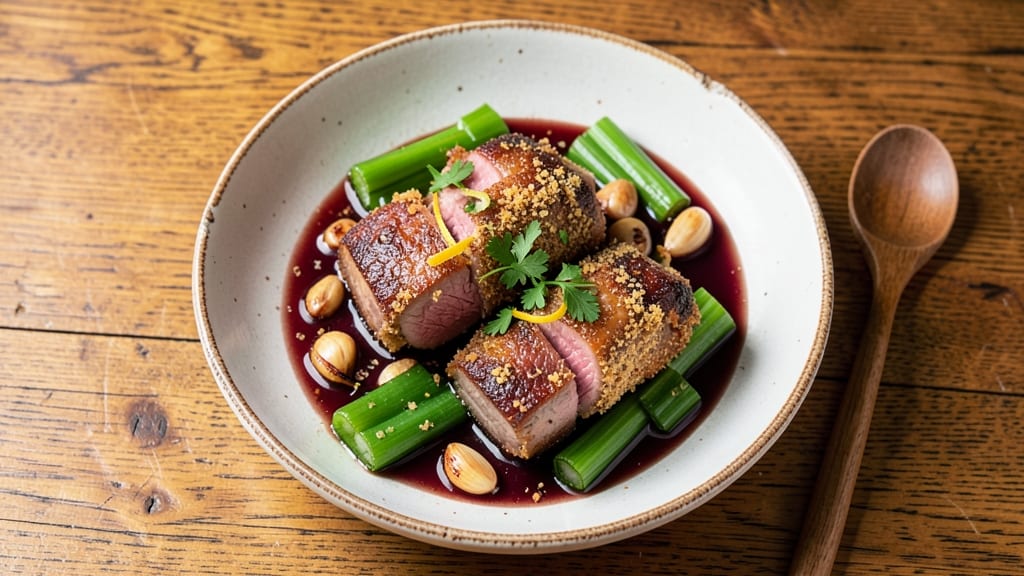 Miller's Ale House Pork Osso Buco Recipe: Celery Crown Crunch Over Rich Tomato Fondue