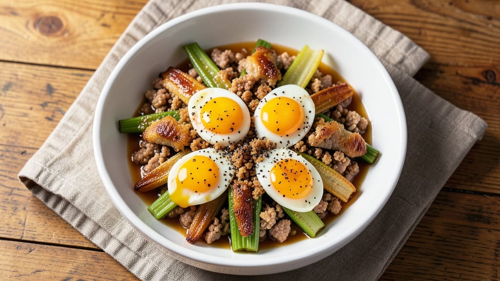 Egg And Ground Pork Recipe: One-Pan Scramble With Savory Celery Crown