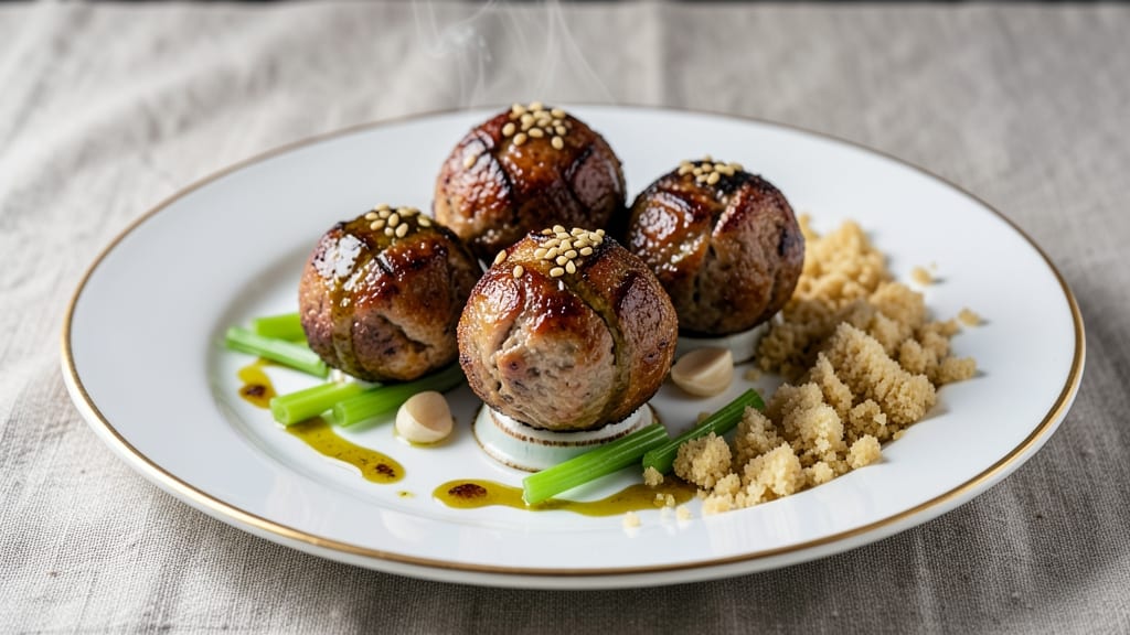 Minced Pork Balls Recipe: Crispy Celery Crowns Over Savory Tomato Gravy