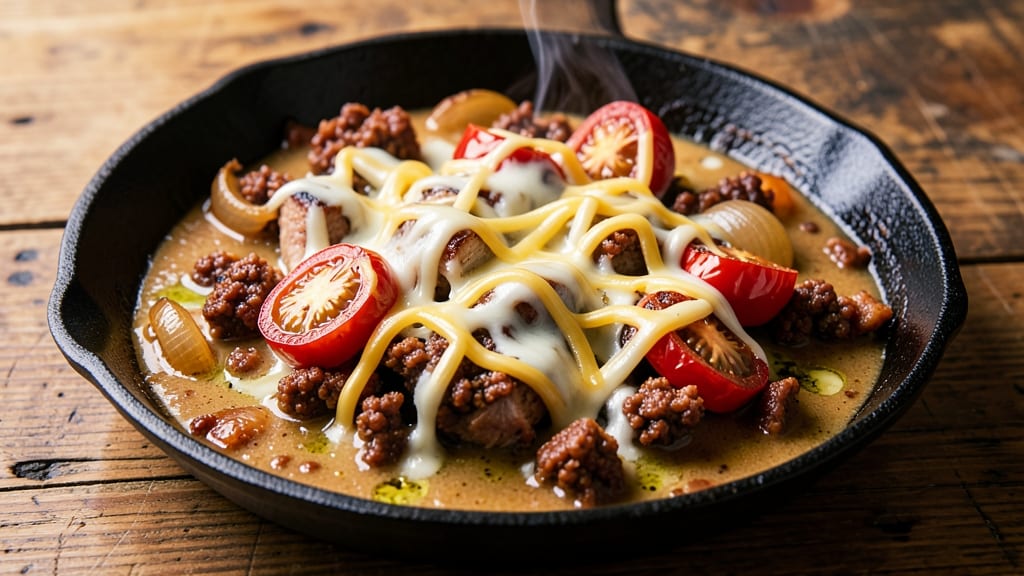 Cheesy Pork and Tomatillo Skillet Recipe: Smoky Tomatillo Cream Meets Crispy Pork Bites